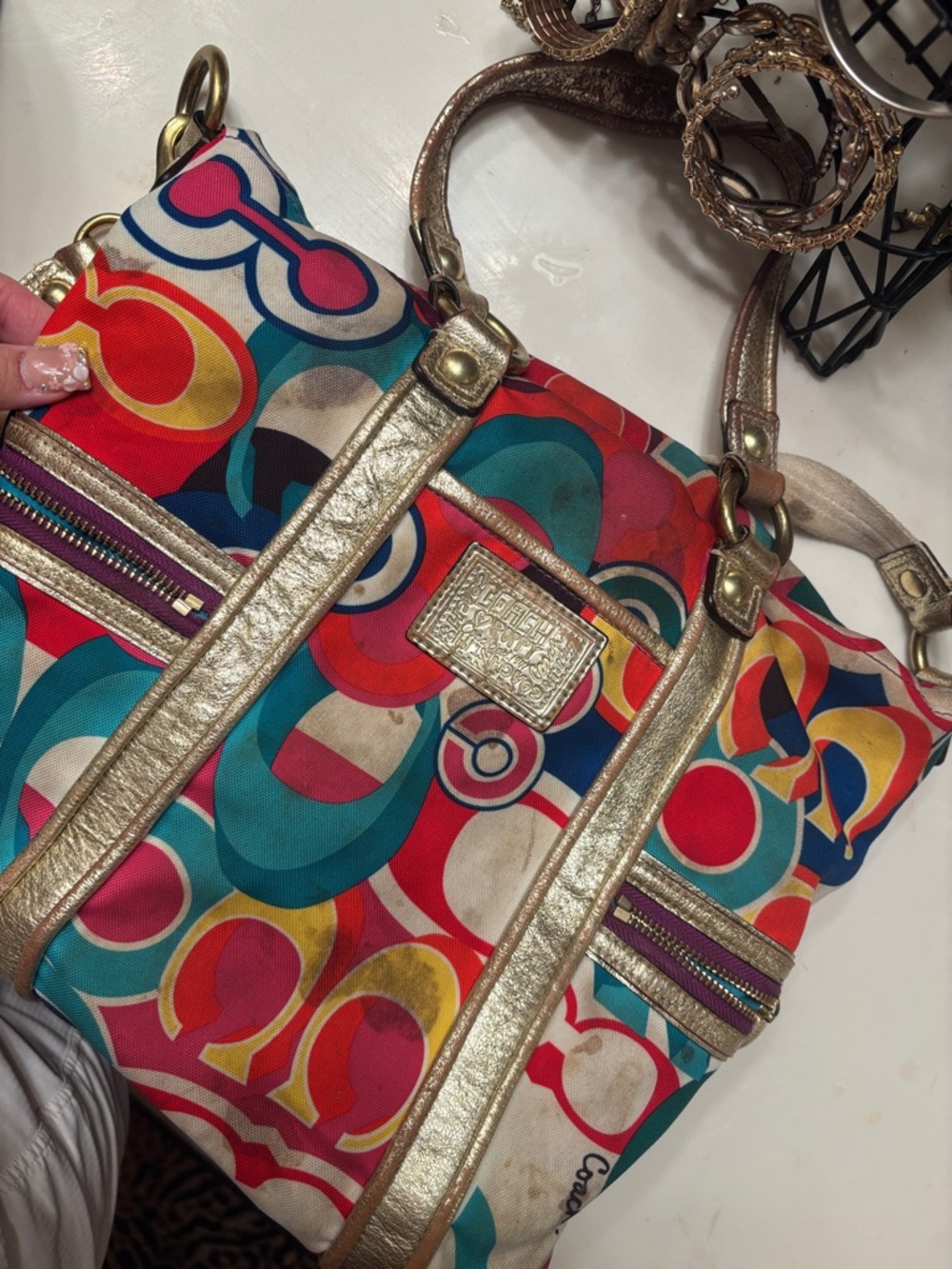 Coach Multicolor Circle-Print Shoulder Bag with Gold Trim